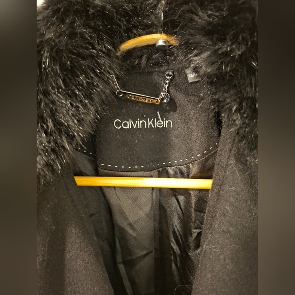 NWOT Calvin Klein Women's Black Wool Maxi Coat with Faux Fur Collar (Size XS) - Picture 2 of 12